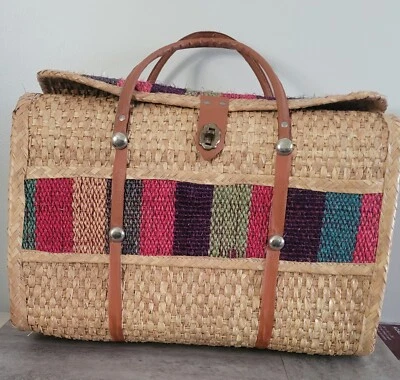 Vintage Basketweave Purse Beach Picnic Bag Straw Suitcase Colorful Prop - Image 1 of 4