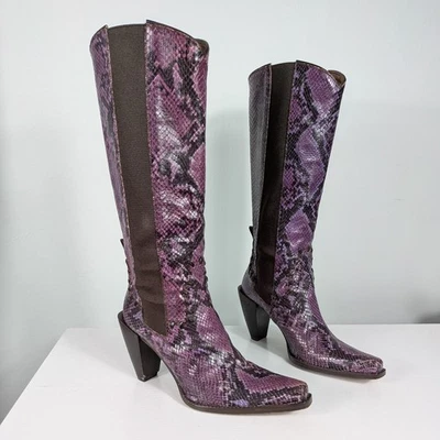 Donald Pliner Tall Boots 7.5 Purple Y2K Snake Skin Western Leather Square Italy - Image 1 of 4