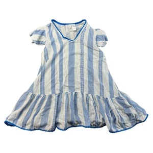 Goa Kids Dress Girls 7 White Blue Striped Flowy Lightweight Rayon Short Sleeve - Picture 1 of 6