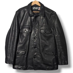 Schott NYC Black Leather Jacket Mens Size 44 112J Long Coat Coach Vintage USA - Picture 1 of 23