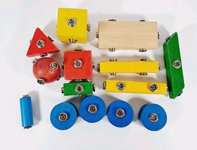 Snap N Play Vintage Wooden Building Blocks with Button Snap Vintage Lot Of 14 - Image 1 of 3