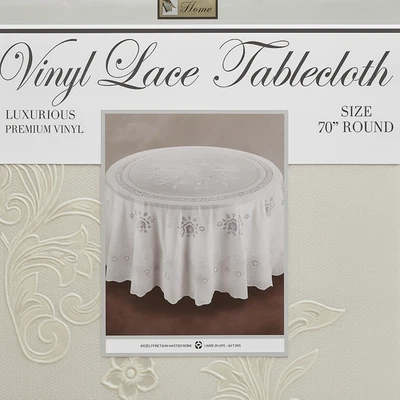 Elegante Toalha de Mesa de Vinil Crochê Renda Redonda 70" Marfim – Limpável e Durável - Imagem 1 de 4