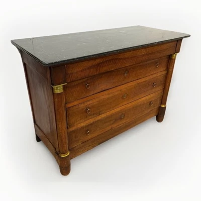ANTIQUE FRENCH EMPIRE MARBLE-TOP WALNUT COMMODE CHEST OF DRAWERS 50.5” x 23” - Image 1 of 4
