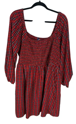 Old Navy Red Plaid Long Sleeve Square Neck Smocked Top Knee Length Dress Size 2X - Image 1 of 4