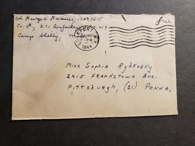 APO 417 CAMP SHELBY, MISS 1944 WWII Army Cover 271 INFANTRY Lockport, NY - Image 1 of 2