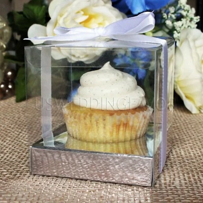 US Wedding Favors(TM) Clear PET Cupcake Boxes w/ Silver or Gold Inserts 3.5" - Image 1 of 4