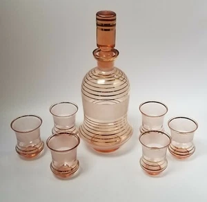 mid century art deco bohemian pink frosted glass gold stripe decanter 6 cups - Picture 1 of 12