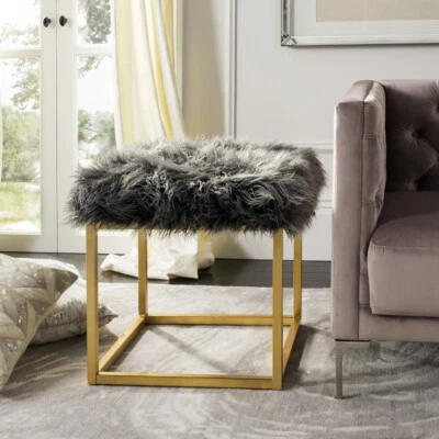 SAFAVIEH Rowan Contemporary Glam Faux Sheepskin Square Ottoman | Grey | - Image 1 of 4