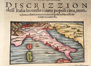 ITALIA 1558 COSMOGRAFÍA DE MUNSTER MAPA GRABADO ANTIGUO EDICIÓN ITALIANA - Imagen 1 de 3
