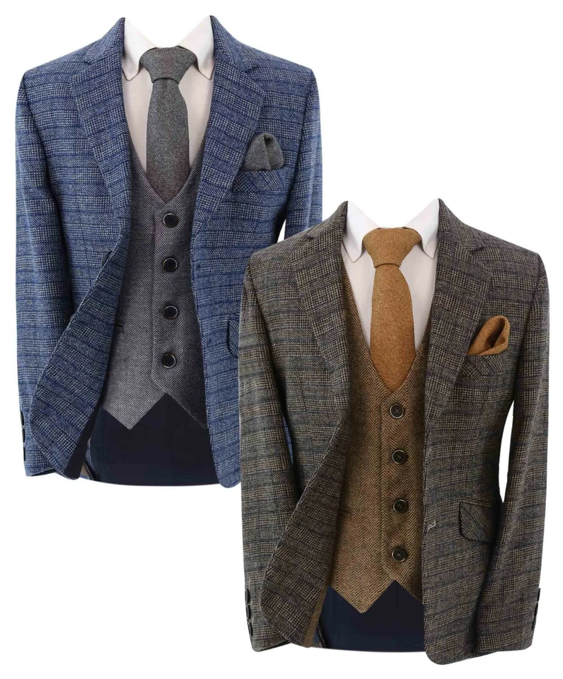 Traje de Tweed a Check para Niños Calce Ajustado Marrón Oscuro Azul Marino Espina de Arenque De Colección Boda Foto 1 de 2
