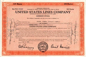 Certificado de acciones 1945 United States Lines Company Nueva Jersey - Imagen 1 de 2