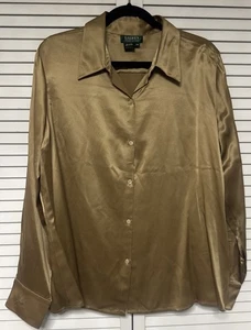Vtg Lauren Ralph Lauren women 100% Silk Blouse Gold Long Sleeve Button Down 18W - Picture 1 of 3