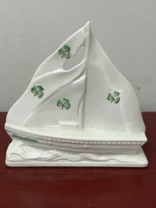 Vintage Belleek Ireland Hand Painted Shamrocks Sailboat (Brown Signature Mark) - Picture 1 of 9