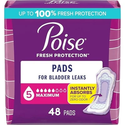 Poise Incontinence & Postpartum Pads Maximum Absorbency Regular Length 48 Count