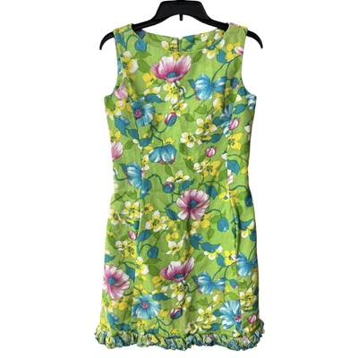 Vintage McMullen Dress Size 10 Happy Bright Floral Green Ruffled Hem Retro - Image 1 of 4