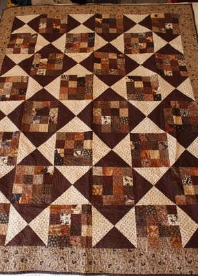 Vintage Handmade Patchwork Quilt Brown Cream Twin Throw 57x73 Western Horseshoe - Image 1 of 4