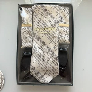 Vtg NOS Stock Market Adjustable Wall Street Suspenders & Tie Silk USA Made - Picture 1 of 8
