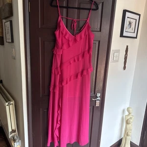 Hot Pink Lined Ruffle Maxi Dress With Front Split Size 16 - Picture 1 of 3