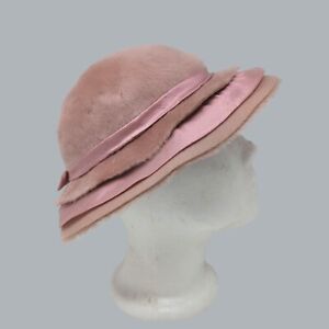 Vintage 60s Womens Hat 22 Pink Felt Cloche Bucket Faux Fur