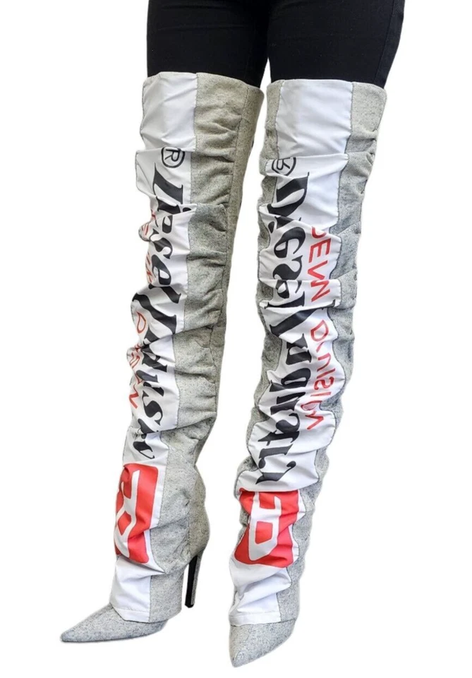 DIESEL Women's Indigo Denim Thigh High Logo Boots Size US 6 Y01887P2159 NWD NEW - Image 1 of 4