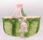 Vintage Bunny Lane Cabbage Leaves White Rabbit & Carrots Ceramic Handled Basket