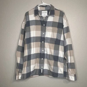 Hollister Flannel Shirt Men’s Large Blue Beige Check Plaid Long Sleeve Cotton - Picture 1 of 11