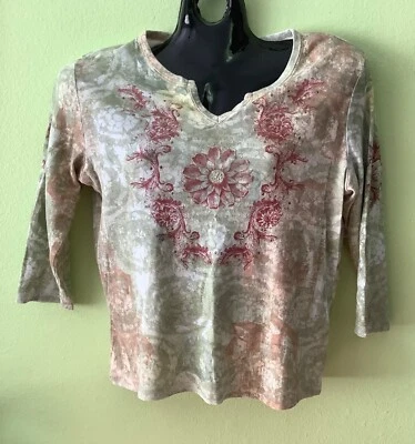 Чероки зеленый хлопок цветочный последовательность украшенный 3/4 рукав vneck блузка размер L - Изображение 1 из 3