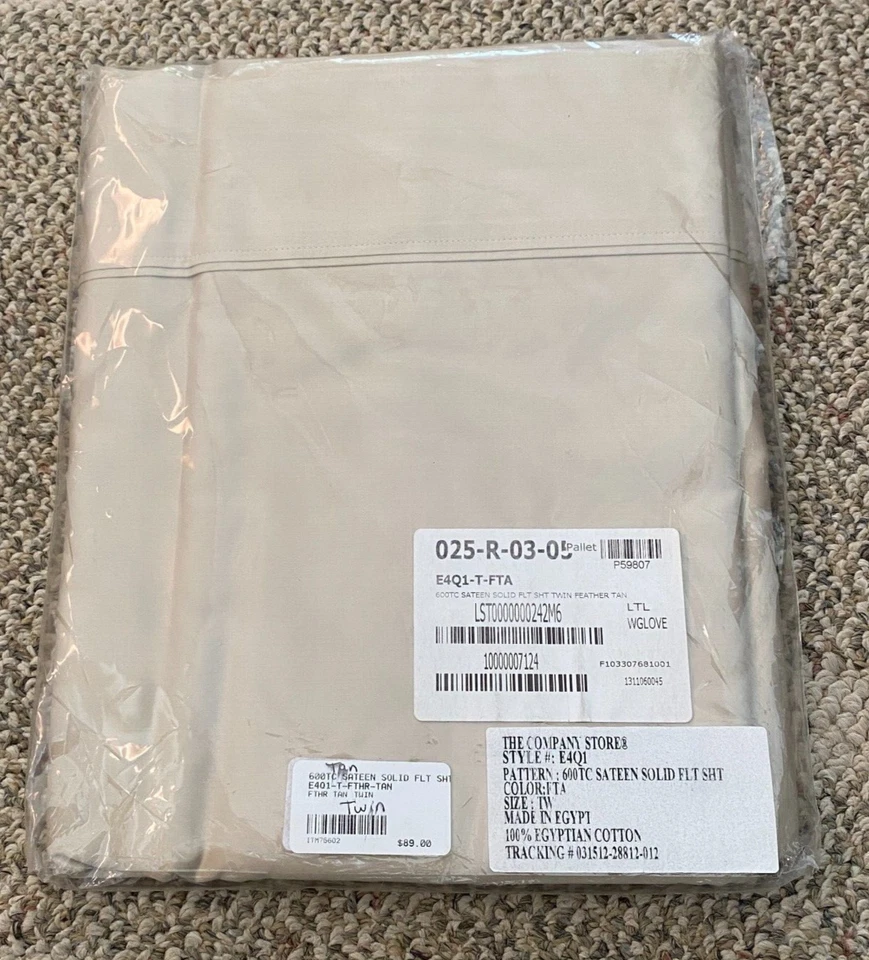 The Company Store Sateen Solid Flat Sheet E4Q1-T-FTA Feather Tan Twin 600TC - Image 1 of 3