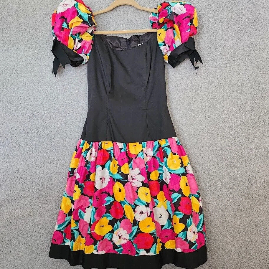 Vintage Victor Costa 80S Dress Womens Size 6 Black Floral Puff Sleeve Drop Waist - Image 1 of 4