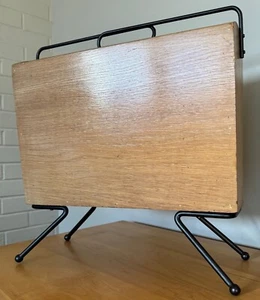 Vintage 1950s Wood Iron Magazine Stand MCM Metal Mid Century Modern Atomic Era - Picture 1 of 12
