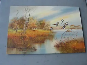 Oil on Canvas By Hendricks Signed Ducks landing near Lake Scene 36x24" Framed - Picture 1 of 9