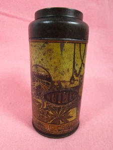 Antiguo contenedor de lata de especias de nuez moscada “motivo de isla” contenido de coleccionista como se encuentra - Imagen 1 de 8