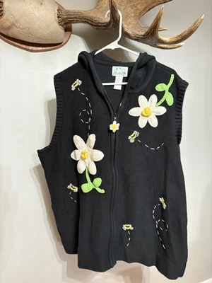 Quacker Factory Sweater Vest Womens L Black Flower Bumble Bee Hooded Teacher - Image 1 of 4
