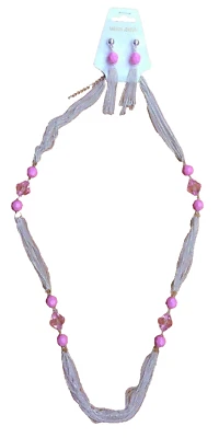 2-piece set necklace/earrings pink plastic beads chain link sections 17" drop - Image 1 of 4