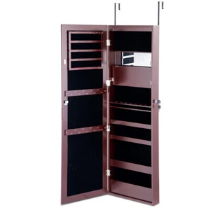 Lockable Mirror Jewelry Cabinet Armoire Brown Wall Door Mounted w/LED Lights - Picture 1 of 7