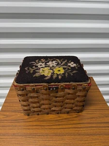 Vintage Wicker Sewing Box/basket With Embroidered Top - Picture 1 of 17