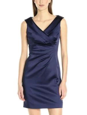 Tahari ASL Size 8 Surplice Ruched Sheath Dress Navy Blue Satin Portrait Collar - Image 1 of 4
