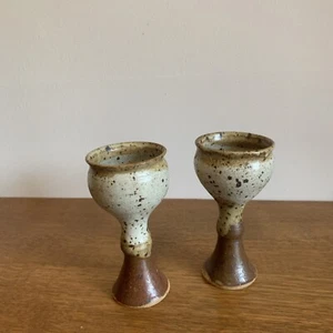 Vintages Handmade Speckled Goblets- Retro Beige and Brown Speckle Glaze Signed - Picture 1 of 9