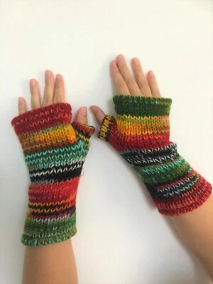 Hand Knitted Lined Wool Wrist Arm Warmers Multi Stripe Fingerless Gloves Mittens - Image 1 of 4