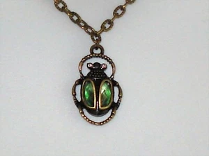 18" Brass Textured Choker Necklace with Emerald Green Faux Gem and Brass Scarab - Picture 1 of 7