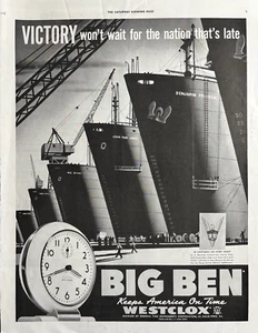 1942 General Time Westclox Big Ben Clock WWII Shipyards War Effort VTG print Ad - Picture 1 of 1
