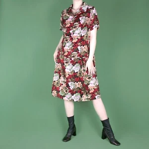 VINTAGE Floral Knee Drop Waist Red Print Retro 80s Midi Pattern Dress S M 10 12 - Picture 1 of 12