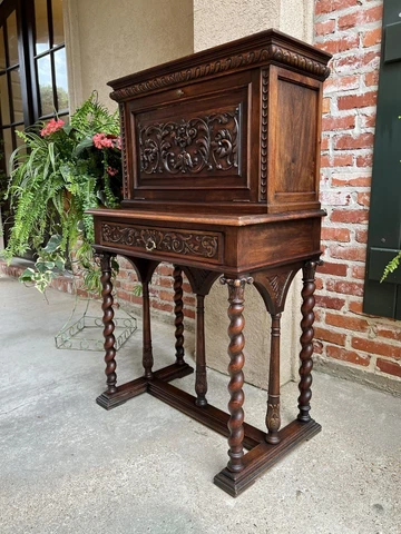 Antique French Carved Secretary Petite Writing Desk Barley Twist Louis XIII Cover
