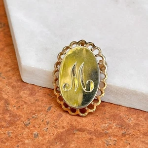 Estate Yellow Gold-Plated Silver Oval Fluted Signet "M" Brooch Pendant - Picture 1 of 7