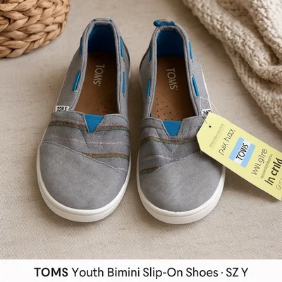 TOMS Youth Bimini Slip-On Shoes Size 6 Y Gray Chambray Stripe Canvas Casual N - Image 1 of 4