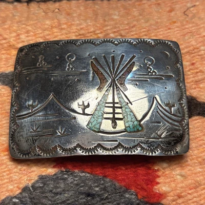 Native American Navajo Sterling Silver Belt Buckle W/ Turquoise & Coral Signed - Image 1 of 4
