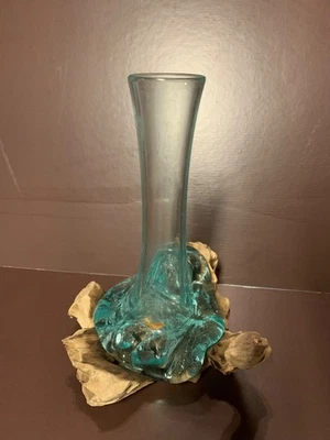 Molten Glass Round blue Vase Natural Root Wood Base Stand Decor Ornament - Image 1 of 4