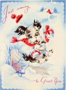 Tarjeta de Navidad vintage, trineo de perro Terrier años 50 en la nieve con regalos - Imagen 1 de 3