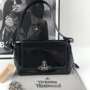 Vivienne Westwood Hazel Patent Medium Handbag Black Silver Orb New - Picture 1 of 9