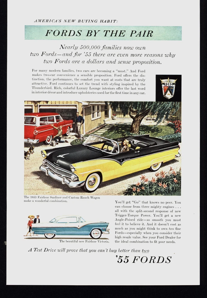 1955 FORD CANARY YELLOW FAIRLANE SUNLINER CUSTOM RED RANCH WAGON PRINT AD - Image 1 of 1